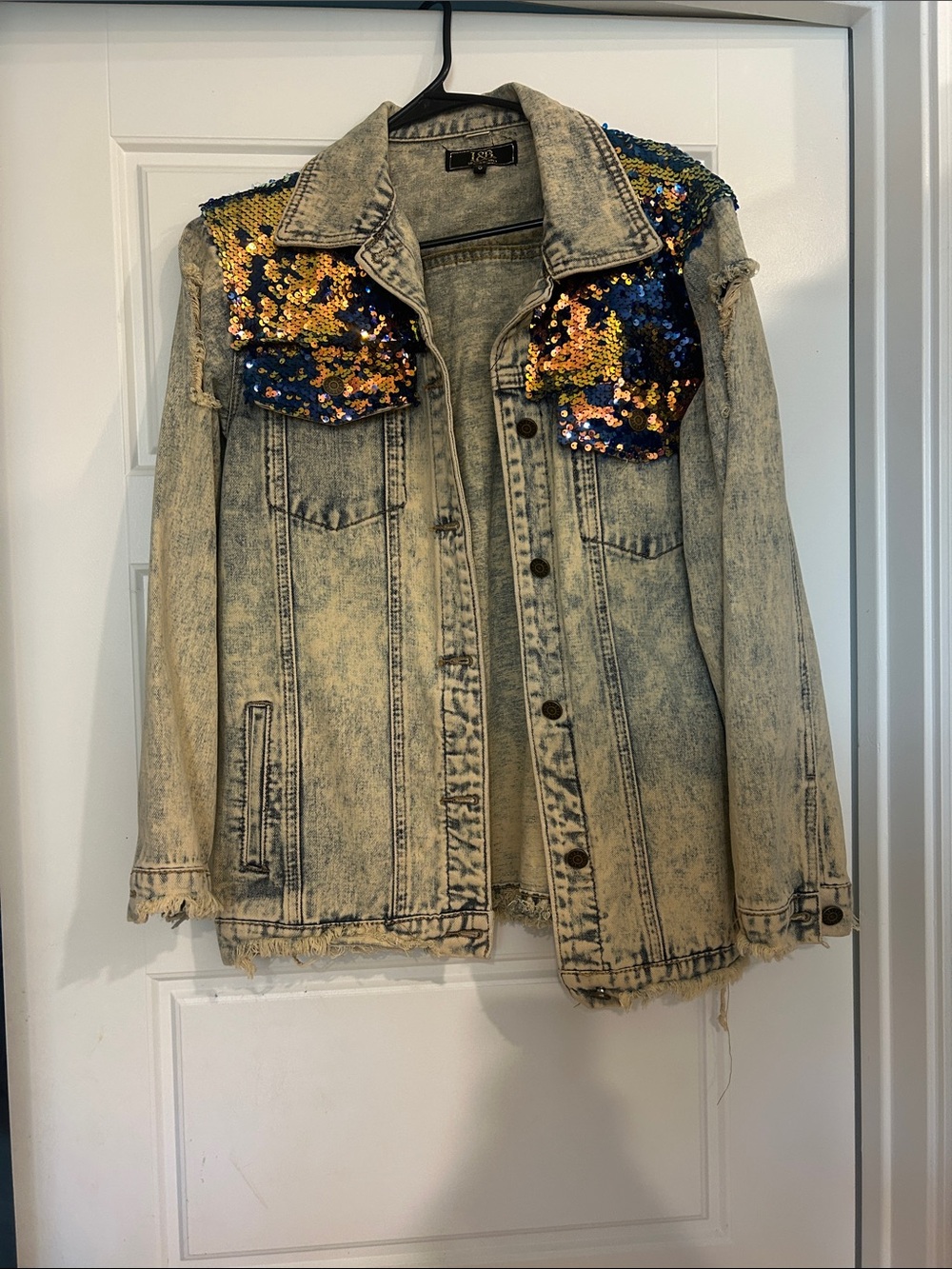 L&B Acid-Wash Denim Jacket with Blue and Gold Sequin Shoulders